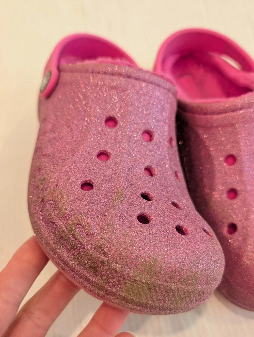CROCS Girls Pink Glitter Fleece-Lined Clogs Size 3